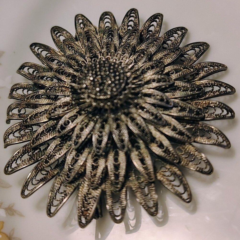 Antique 925 Sterling Silver Edwardian Sunflower Filigree Brooch Made in SA